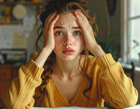 Young woman looking stressed while studying at home