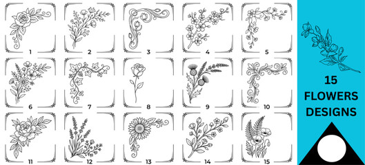 Fototapeta premium Elegant Wildflower Book Cover Corner Design Vector Line Art Floral Border Illustration