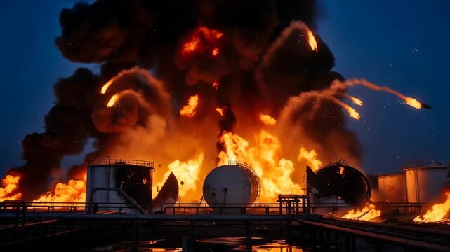 Large industrial depot explosion with massive fire and debris at night. Oil refinery bombing aftermath during war crisis. Dramatic destruction of fuel tank farm.