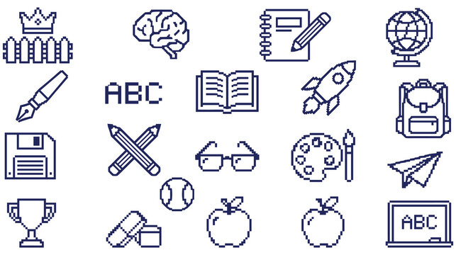 Set of pixel art education icons including stationary and school supplies.