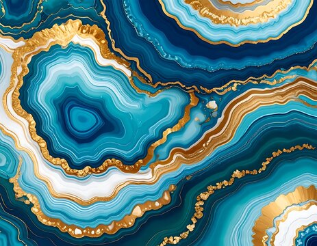 A colorful abstract geode pattern with blue, white, and gold swirling layers resembling a slice of an agate stone