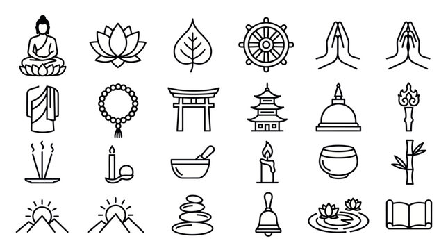 Minimalist outline Buddhist and Zen spiritual symbols.