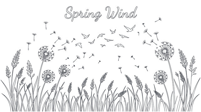 Spring wind landscape with dandelions birds and flying seeds design.