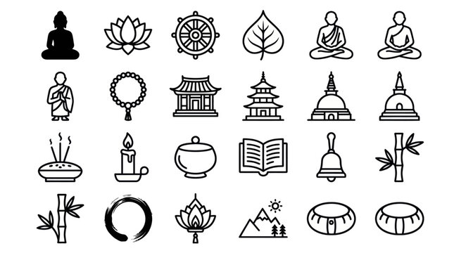 Mixed Zen and Buddhist spiritual icon set.