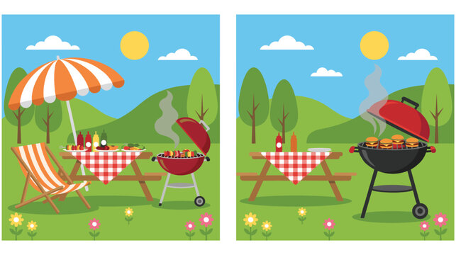 Barbecue party illustrations with grilling burgers and picnic tables set up.