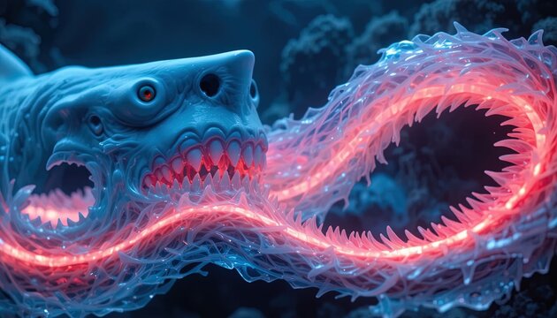 A bioluminescent sea creature with sharp teeth emerges from dark depths.