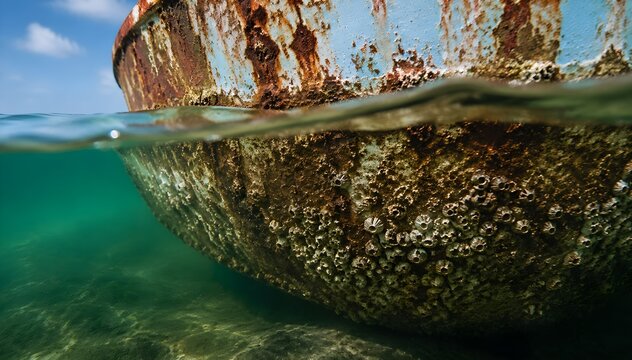 Rusted Vessel Hull Beneath Green Water Reveals Barnacles Corrosion and Rich Marine Texture Photography Scene