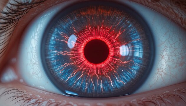 Fiery red patterns illuminate a blue iris in extreme closeup.
