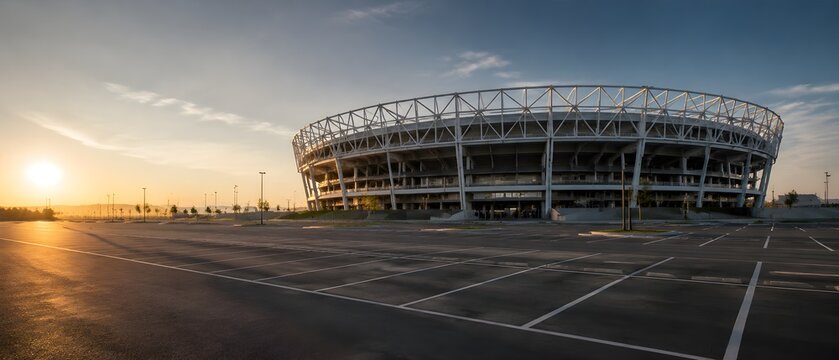 Stadium Exterior Casts Long Shadow Across Empty Parking Lot in Dramatic Wide Architectural Photography Scene
