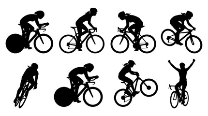 Fototapeta premium Silhouettes of cyclists in various dynamic poses, racing and celebrating, black on white, sports and competition