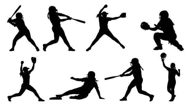 Collection of female softball players in silhouette, showing batting, pitching, and catching actions on a white background, dynamic sport poses