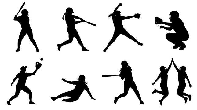 Set of female baseball player silhouettes in action poses, batting, pitching, catching, running, and celebrating, isolated on white background
