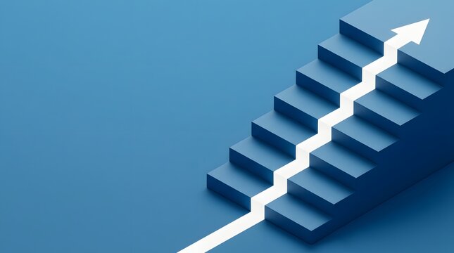 A white arrow ascends up a blue staircase, symbolizing progress and growth.