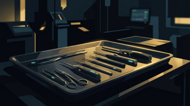 Advanced Medical Instruments Arranged On Tray In Modern Lab