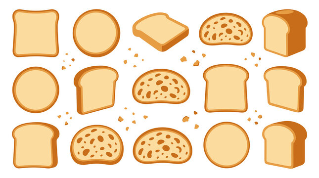 Assortment of bread slices in various shapes and forms, including whole loaves, round buns, and square toast