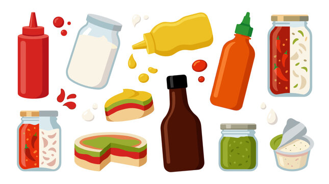 Assortment of condiments and sauces in various containers, for culinary and food-related designs