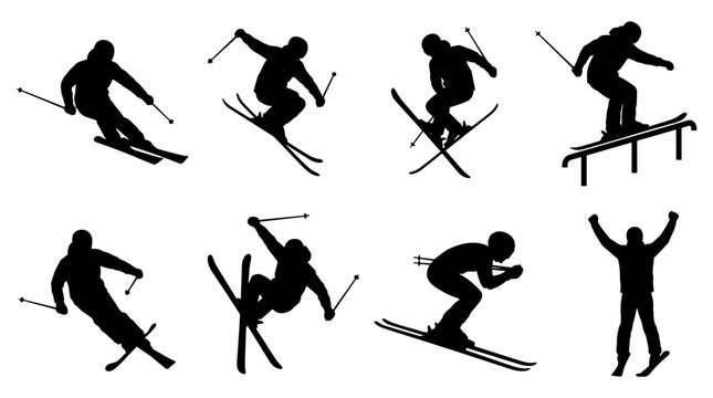 Set of eight black ski silhouette icons showcasing jumps, tricks, and downhill skiing, vector graphics representing winter sports and action
