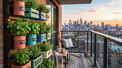 Obraz premium Modern vertical herb garden on urban apartment balcony at sunrise