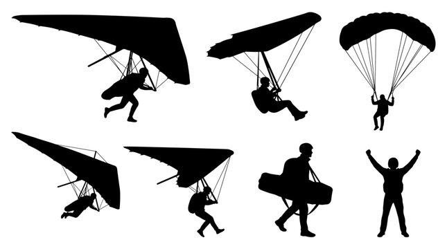 Silhouettes of hang gliding and paragliding athletes in various poses, representing adventure and extreme sports, graphic elements for freedom and