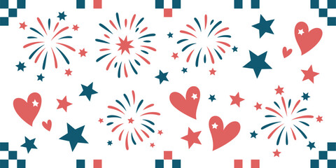 Patriotic fireworks and hearts chalk doodle frame with copy space, for Fourth of July invitations, Independence Day social media posts, stickers, American-themed holiday greeting cards,  © dalim 