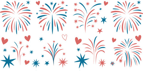 Patriotic fireworks and hearts chalk doodle frame with copy space, for Fourth of July invitations, Independence Day social media posts, stickers, American-themed holiday greeting cards,  © dalim 