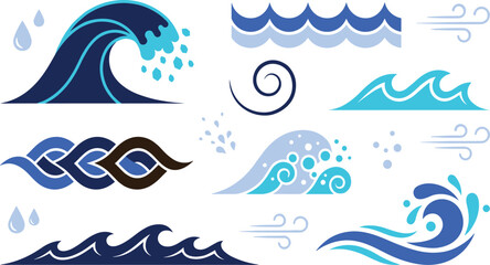 Fototapeta premium Ocean Wave Vector Illustration Set with Water Splash Sea Waves Wind and Coastal Decorative Elements