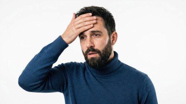 Stressed man with a beard holding his forehead in frustration isolated on a clear white background for commercial use