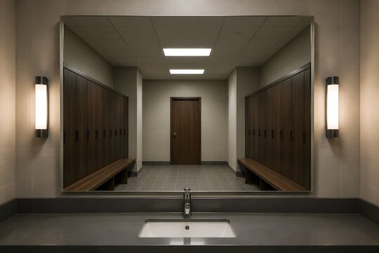 Locker Room Mirror Reflects Empty Doorway in Perfect Symmetrical Interior Photography Scene Composition Design Visual