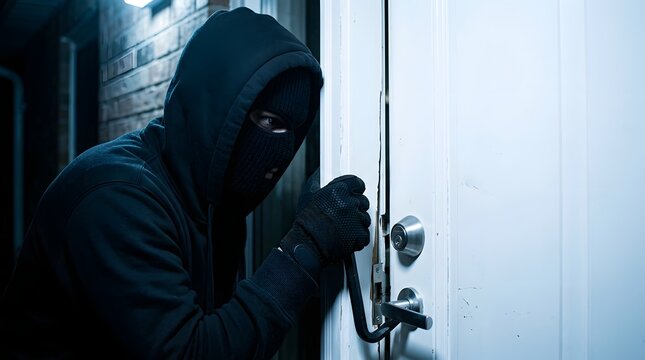 A person wearing a black hoodie and mask is sneaking through a door at night.
