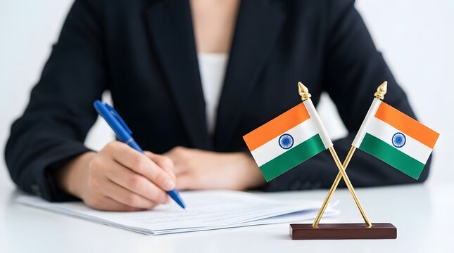 Businesswoman signing document with Indian flags on desk
