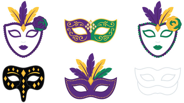 Mardi gras party masks set featuring vibrant masquerade costume accessories.