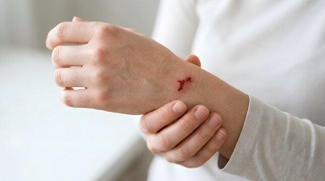 A person wearing a white shirt examines a wounded hand with a cut.