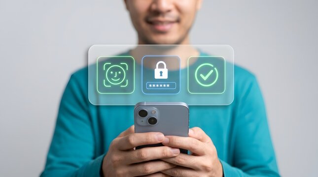 Man holding smartphone with security icons floating above