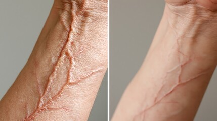 Fototapeta premium Split frame showing bulging forearm veins versus smooth skin after phlebectomy. Concept of forearm vein treatment.