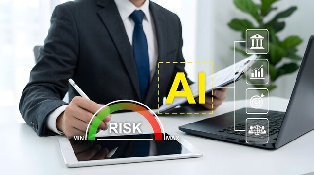 Businessman analyzing risk with AI on laptop and digital tablet
