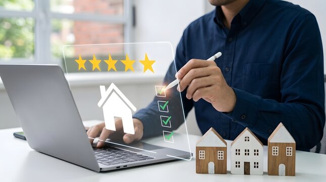 Man sitting at desk with laptop and houses rating on screen