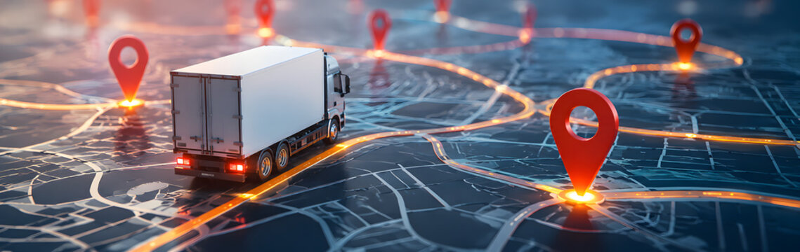 truck driving on map with gps pins and route