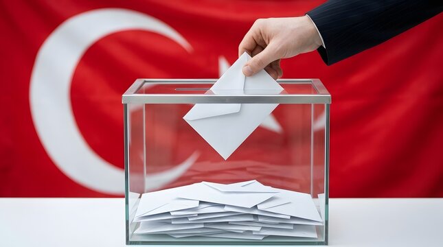Person depositing ballot into glass TAX box with pyramid blocks on table