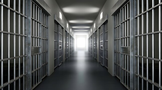 A long corridor with rows of prison cells on both sides leads to a bright light