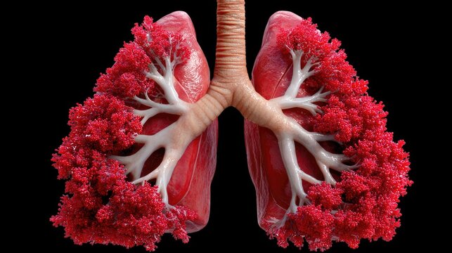 Diseased Lungs: A dramatic 3D rendering of human lungs afflicted with a vibrant red, cauliflower-like growth, highlighting respiratory illness and the fight for health.