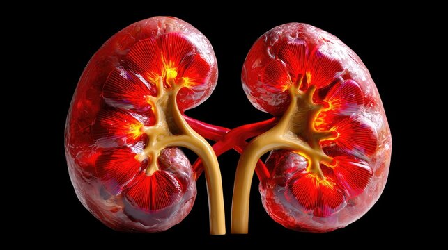 Healthy Kidney Anatomy: A detailed, vibrant illustration of the human kidney pair, showcasing its intricate structure and vascular system against a stark black background.