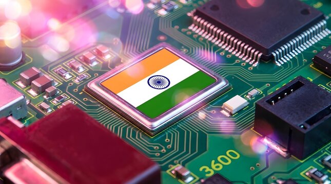 Indian flag on a computer circuit board with microchips and electronics
