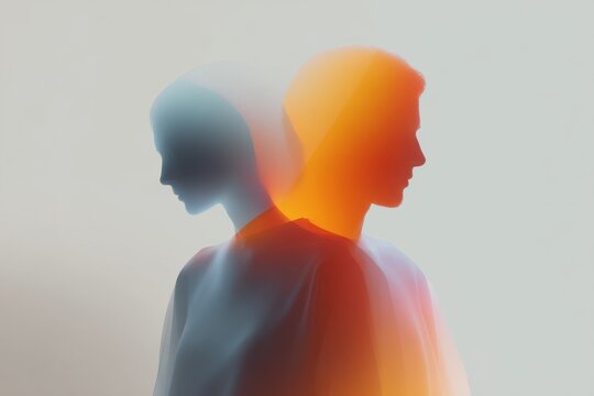 Minimal two intertwined silhouettes in warm orange and cool blue gradient for conceptual portrait background and psychology design