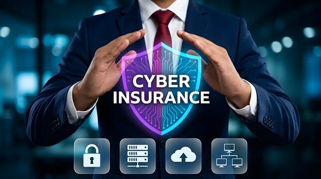 Man in business suit presenting cyber insurance concept with hands