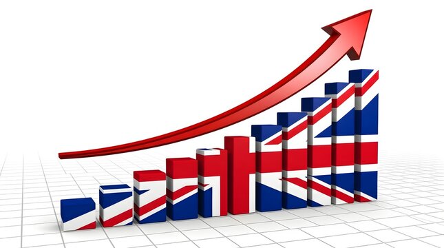 A 3D bar chart with a Union Jack design shows an upward trend