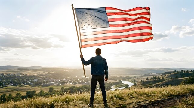 Man proudly holds American flag in field overlooking cityscape
