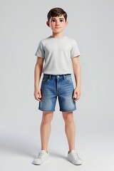 Obraz premium Young boy standing wearing white t-shirt and blue denim shorts