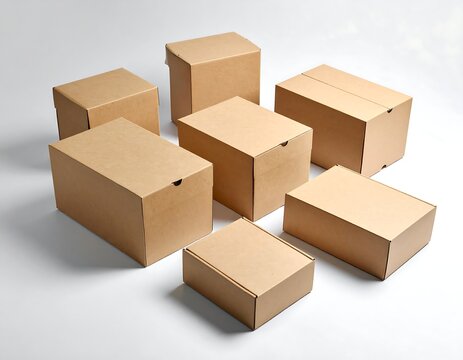 A collection of seven closed brown cardboard boxes of various sizes