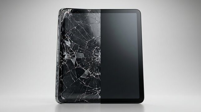 A split image of a tablet showing one half with a severely cracked screen and the other half with a pristine, black display.