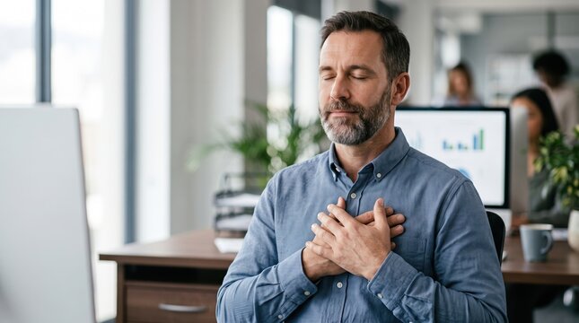 Businessman practicing stress relief at the office sitting at desk with hands on heart and closed eyes